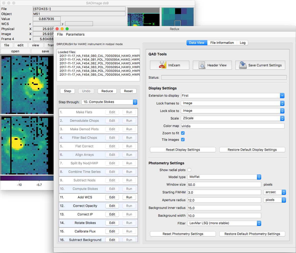 Data viewer settings with various widgets and buttons to control display parameters and analysis tools.