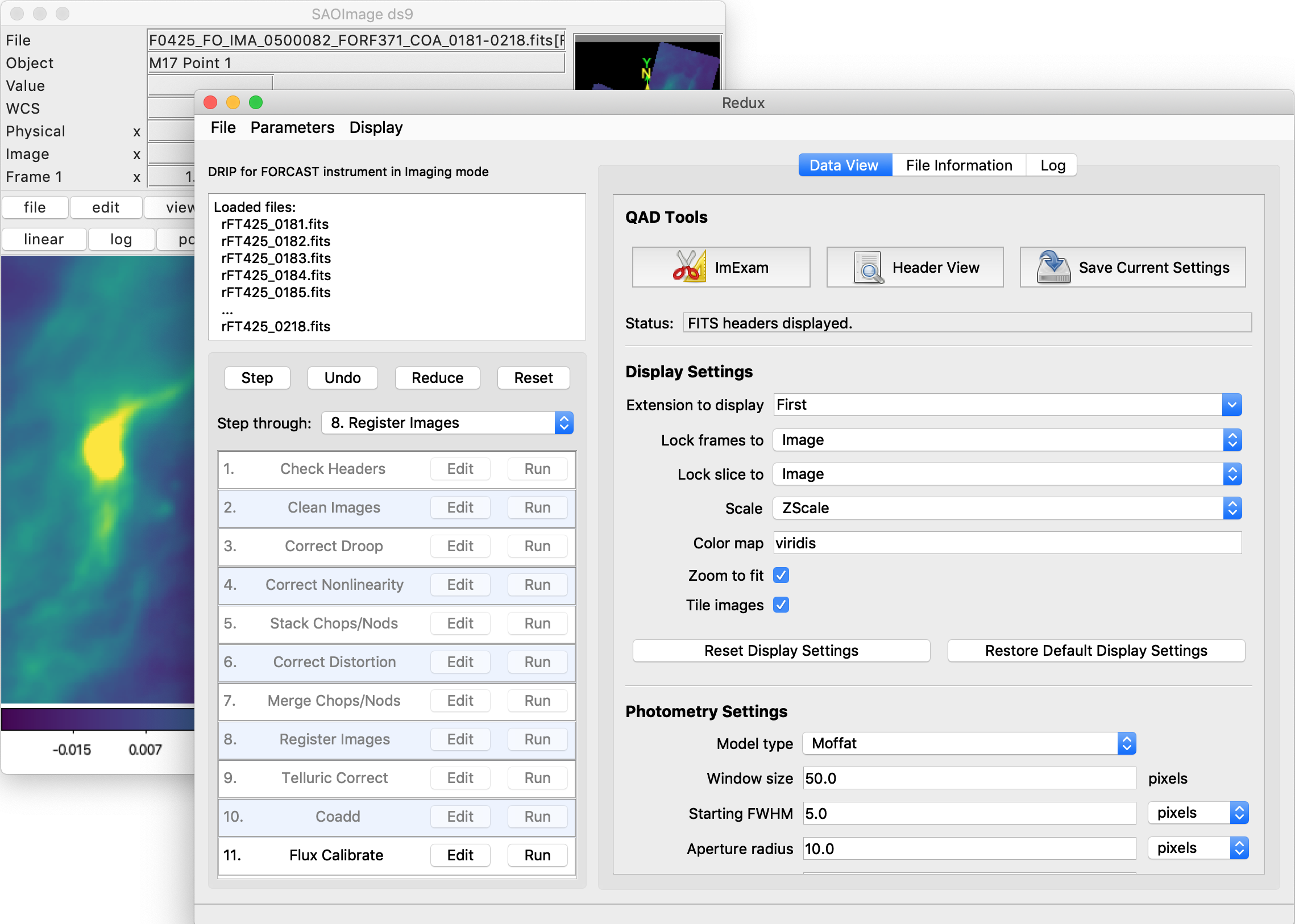 Data viewer settings with various widgets and buttons to control display parameters and analysis tools.