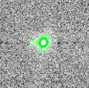 Droop effect after over-correction. Contours show an elongated PSF on the left side of the source.