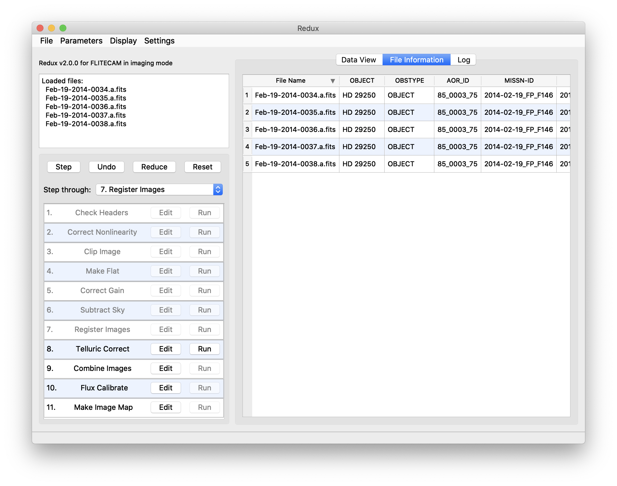 A table display showing filenames and FITS keyword values.