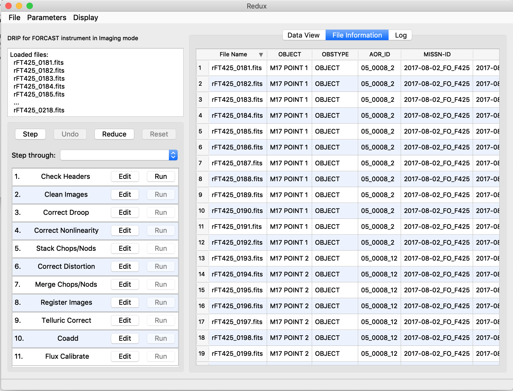 A table display showing filenames and FITS keyword values.
