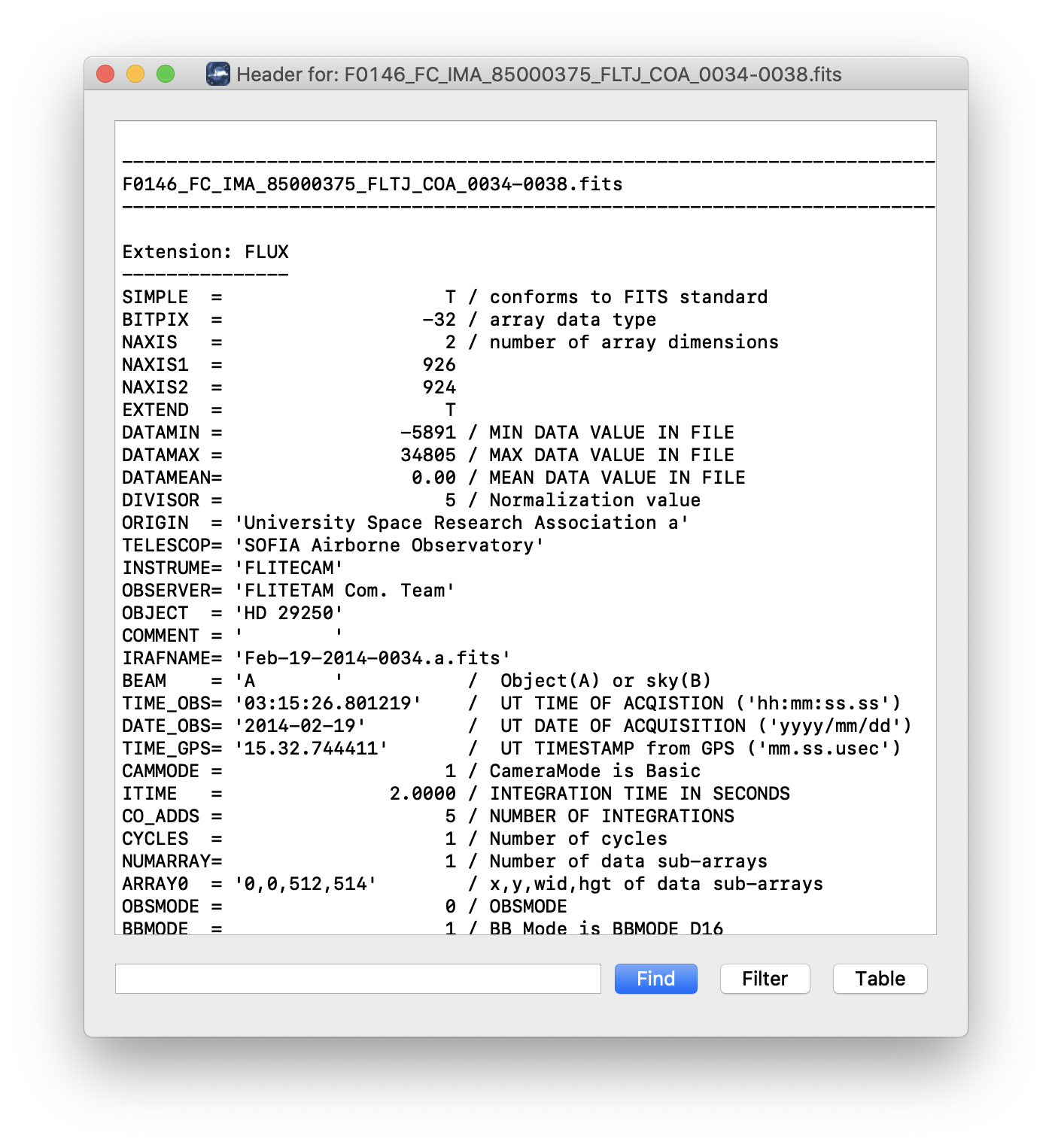 A dialog window showing a sample FITS header in plain text.