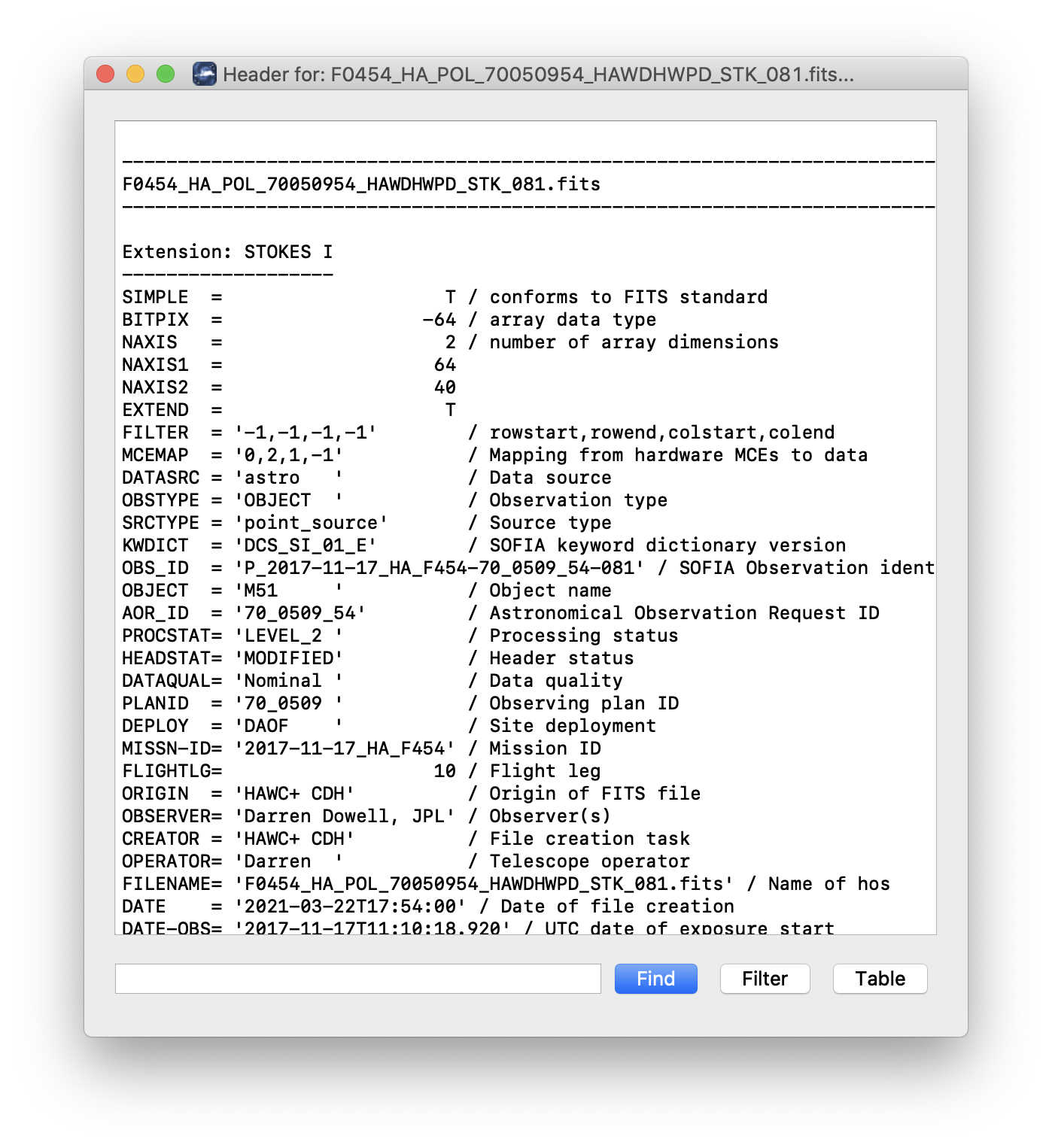 A dialog window showing a sample FITS header in plain text.