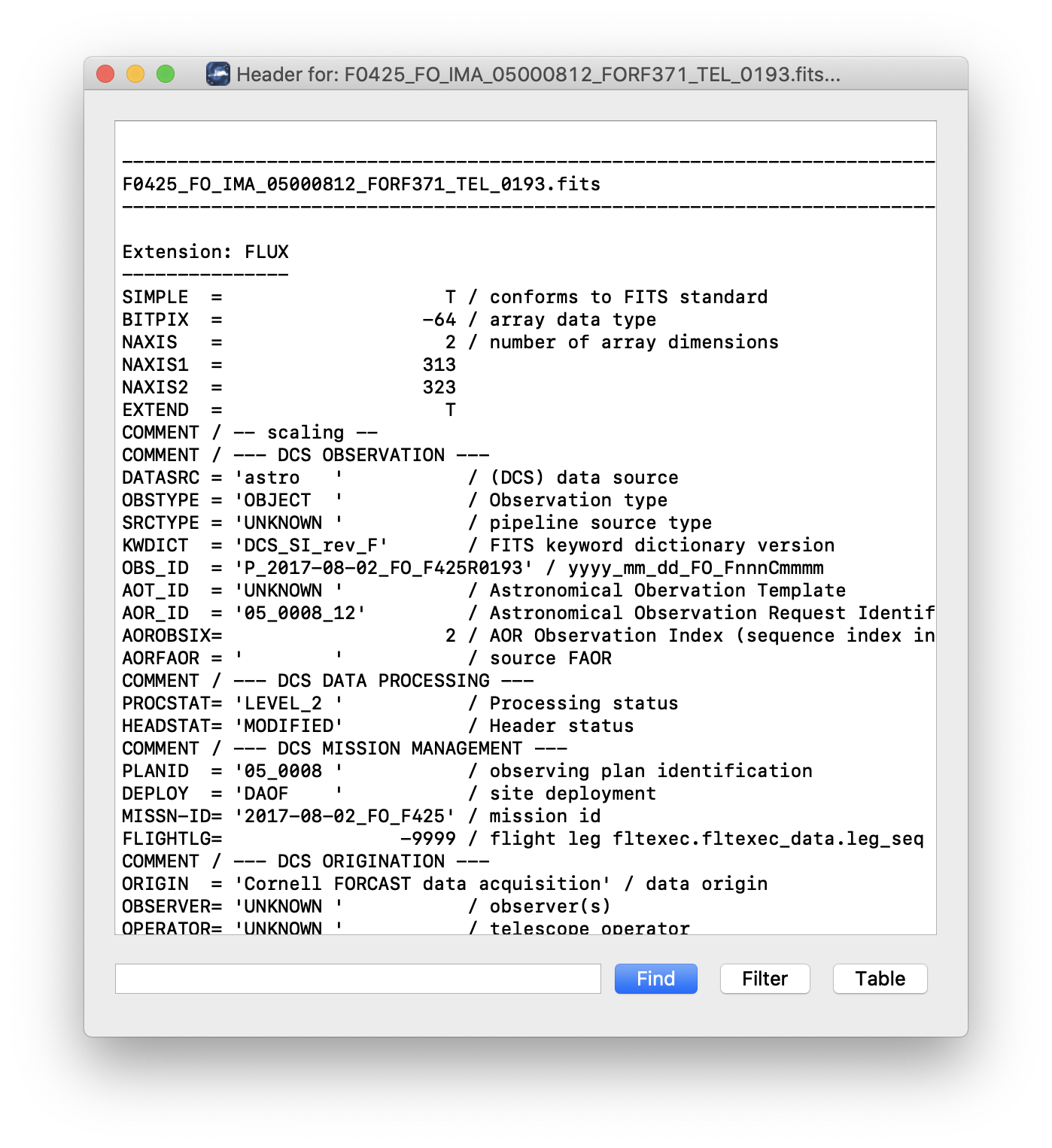 A dialog window showing a sample FITS header in plain text.
