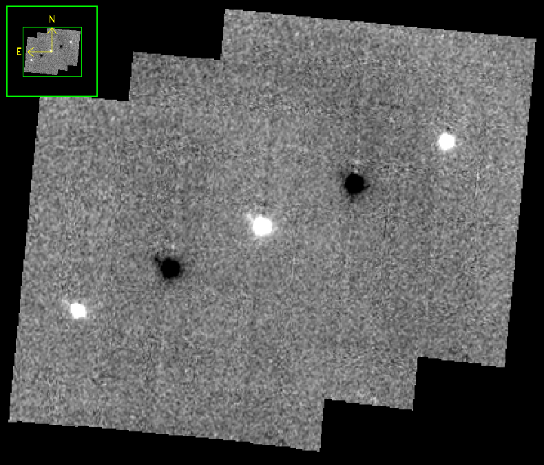 After merging, 1 central positive source, 2 negative sources, and 2 fainter positive sources to the sides.
