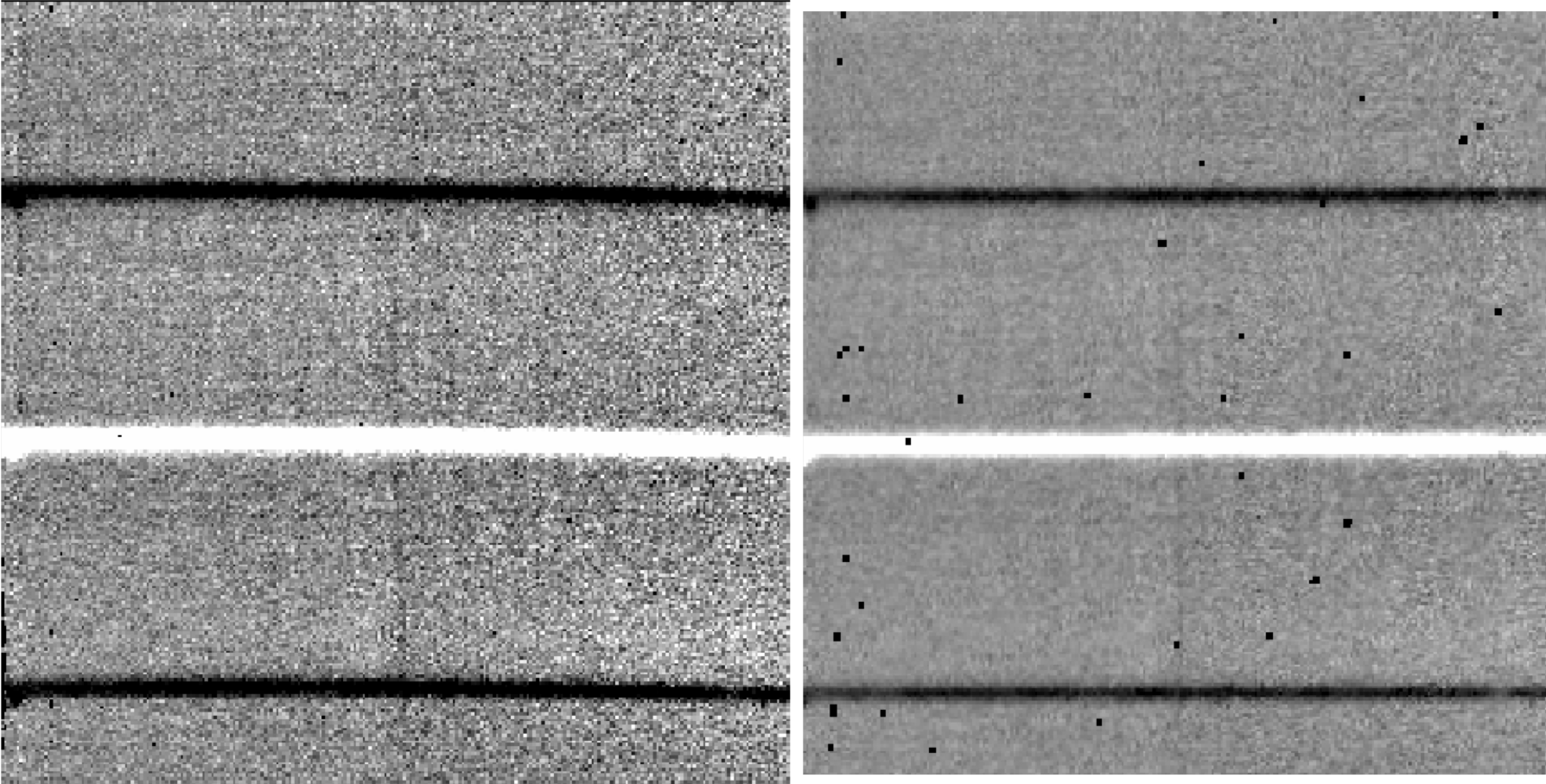 Central positive trace and two negative traces.  Left: spatial curvature.  Right: straigter trace.