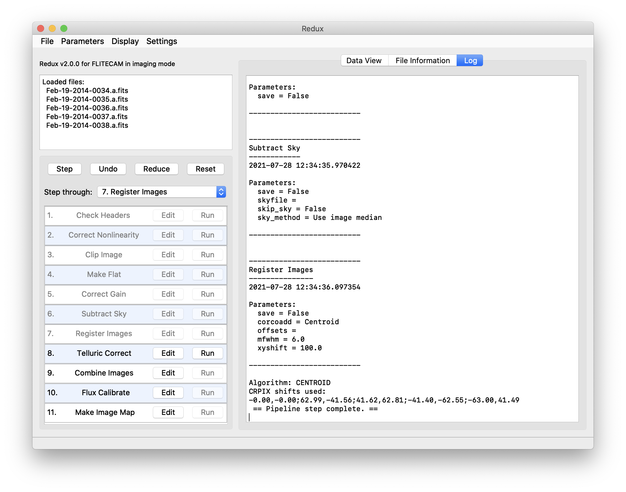 GUI window showing reduction steps with Edit and Run buttons. A log window is displayed with text messages from a reduction.