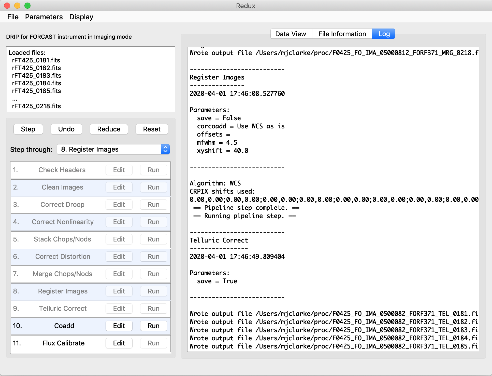 GUI window showing reduction steps with Edit and Run buttons. A log window is displayed with text messages from a reduction.