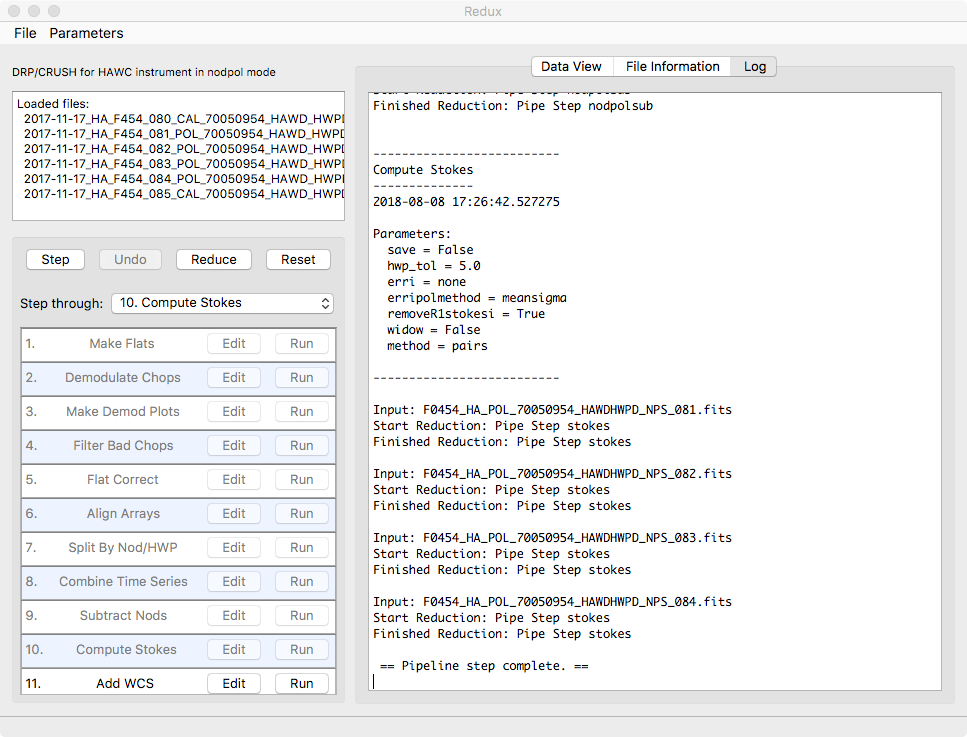 GUI window showing reduction steps with Edit and Run buttons. A log window is displayed with text messages from a reduction.