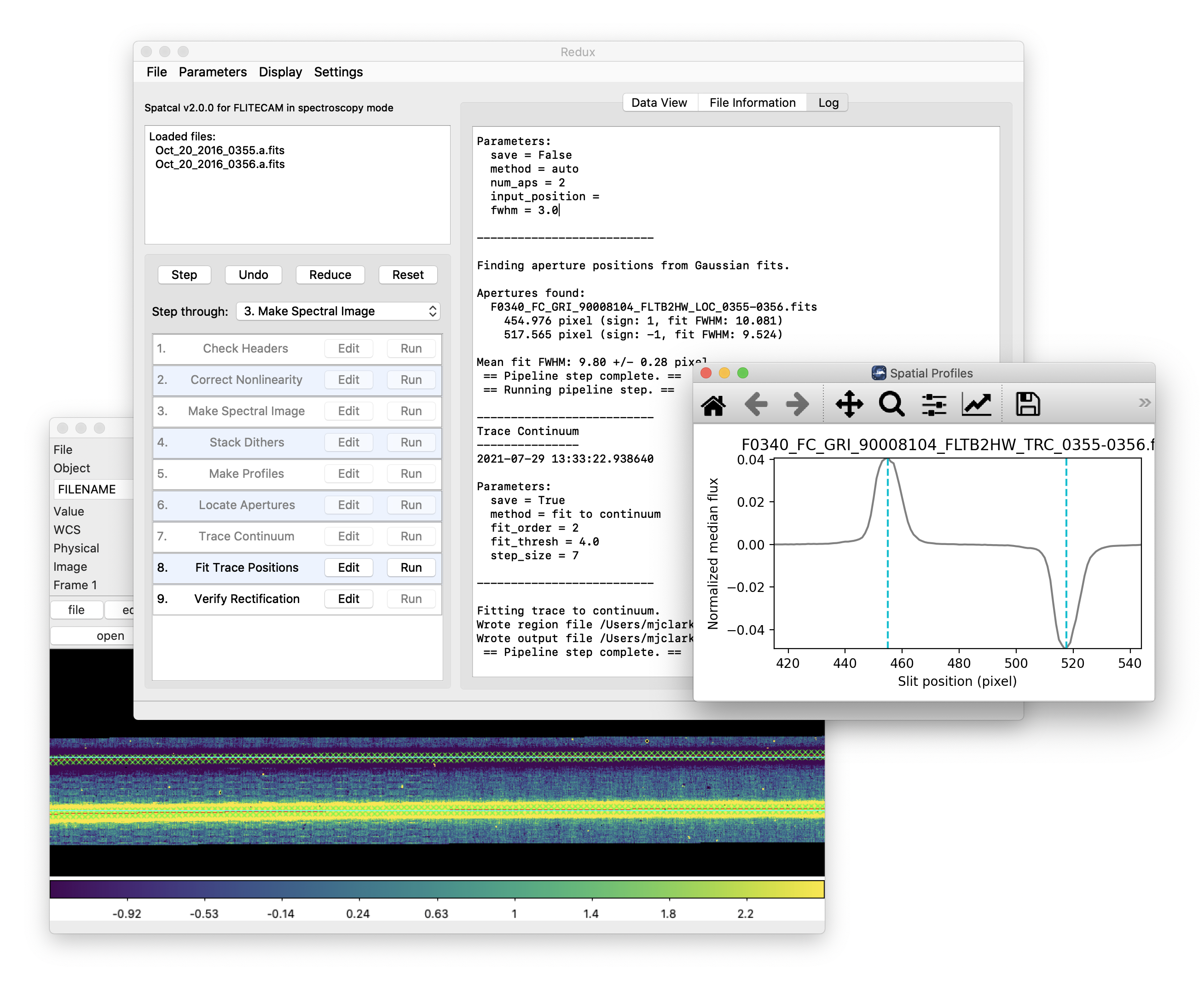 GUI window, spatial profile plot display, and a DS9 window with a spectral image.