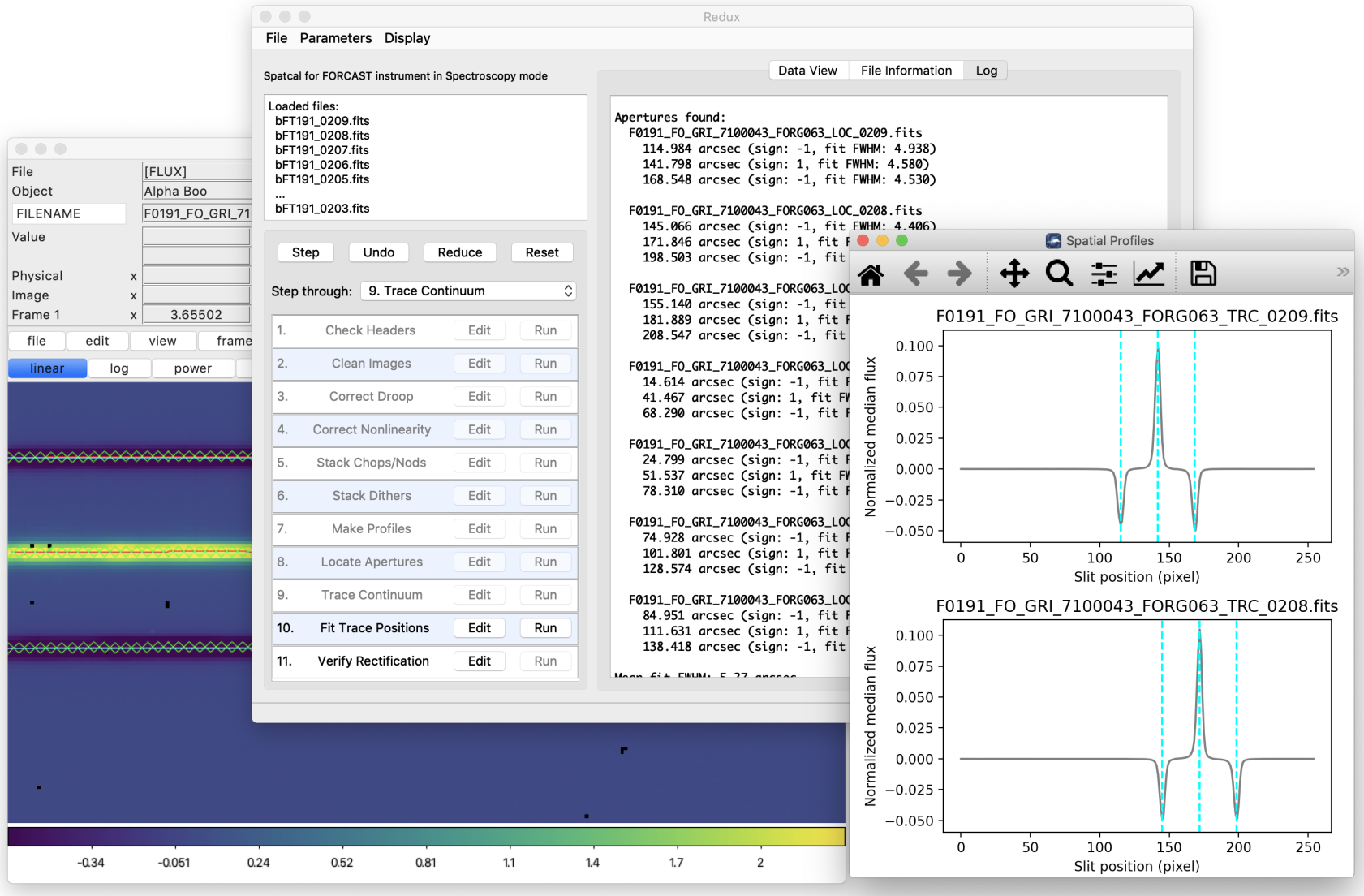 GUI window, spatial profile plot display, and a DS9 window with a spectral image.