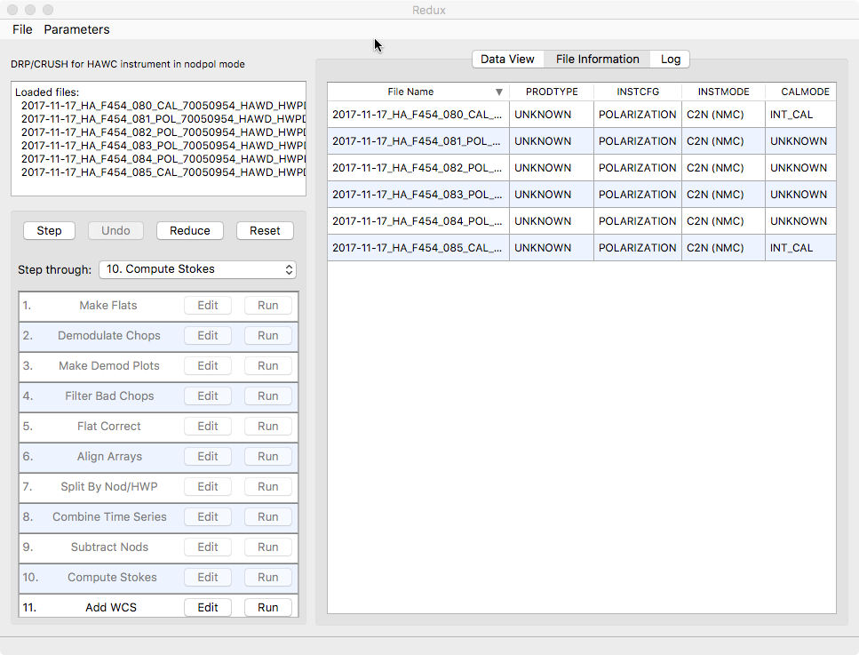 A table display showing filenames and FITS keyword values.